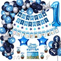 SPECOOL Decoración de cumpleaños de 1er cumpleaños-con pancarta de fotos para bebés de 1 a 12 meses- Azul pancarta de…
